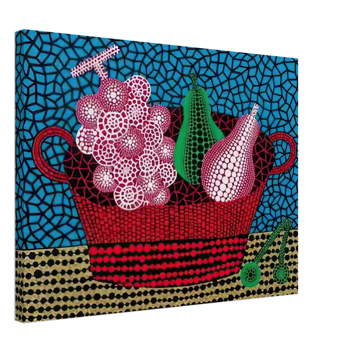 Yayoi Kusama canvas print — Panier de Fruits II from Amour pour Toujours turns a basket of fruit into a lively decorative still life, 45x60 cm / 18x24″