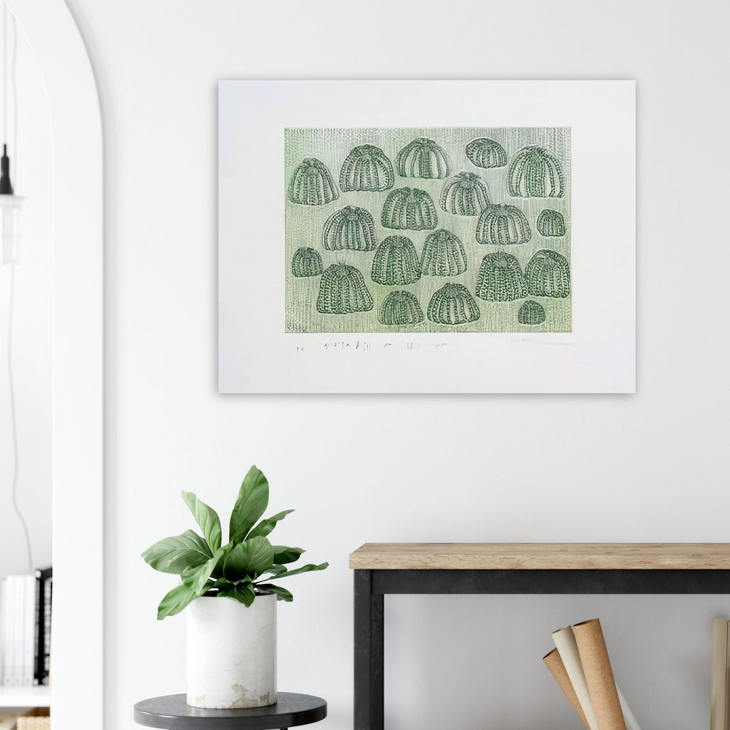 Yayoi Kusama poster — Pumpkin Army (green) turns a single familiar vegetable into a collective presence