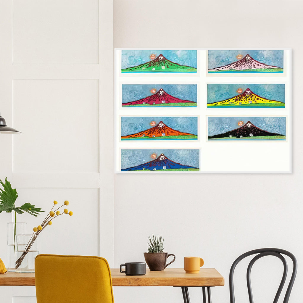 Yayoi Kusama framed print — Mt. Fuji in Seven Colours (Complete Set) brings together seven distinct interpretations of Japan’s famous mountain. Rather than repeating a single landscape, Kusama