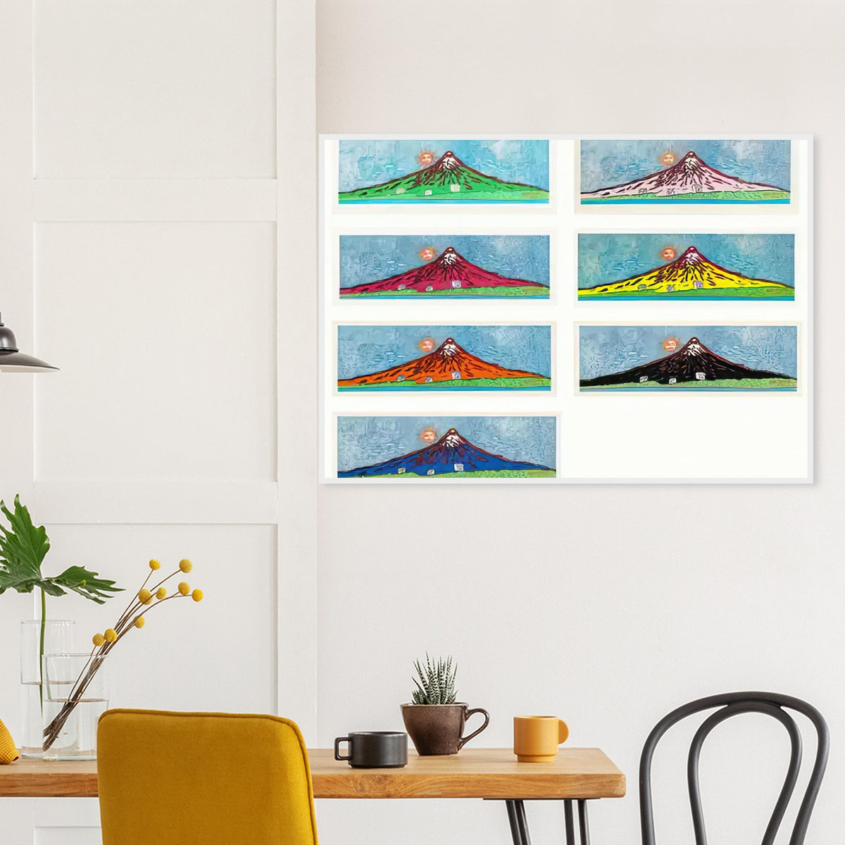 Yayoi Kusama framed print — Mt. Fuji in Seven Colours (Complete Set) brings together seven distinct interpretations of Japan’s famous mountain. Rather than repeating a single landscape, Kusama