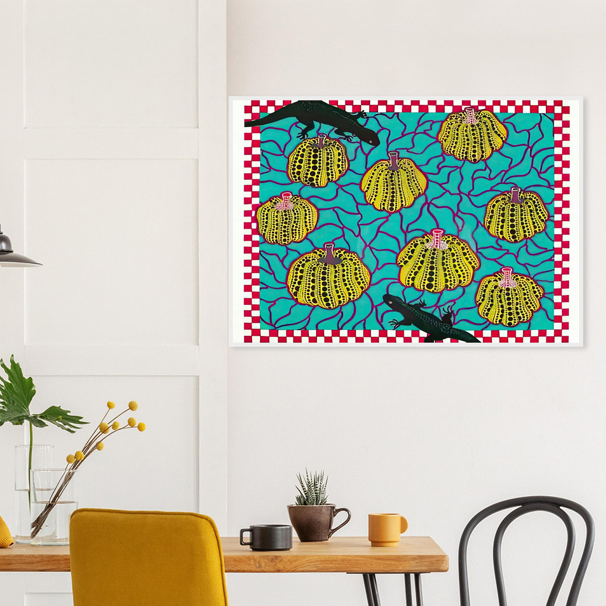 Yayoi Kusama framed print — Black Lizards introduces a less familiar animal motif into Kusama’s vocabulary of living creatures and repeating patterns