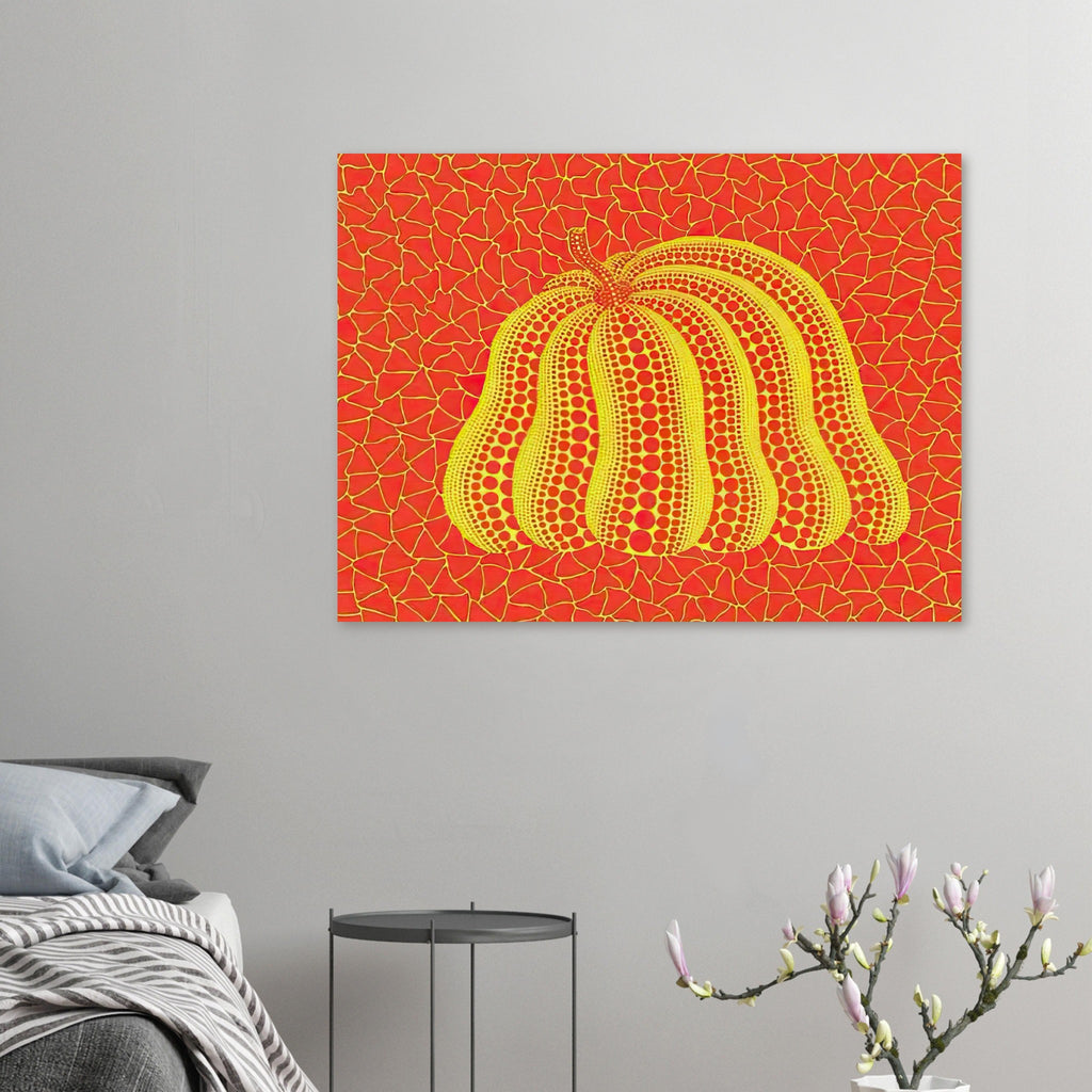 Yayoi Kusama poster — Pumpkin (YOR-A) [Kusama 326] revisits Kusama’s best-known vegetable through the relationship between its distinctive form and repeating ornament