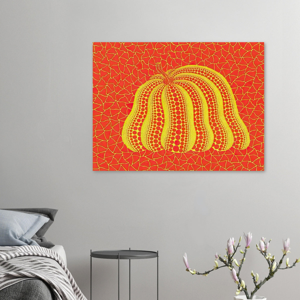 Yayoi Kusama poster — Pumpkin (YOR-A) [Kusama 326] revisits Kusama’s best-known vegetable through the relationship between its distinctive form and repeating ornament