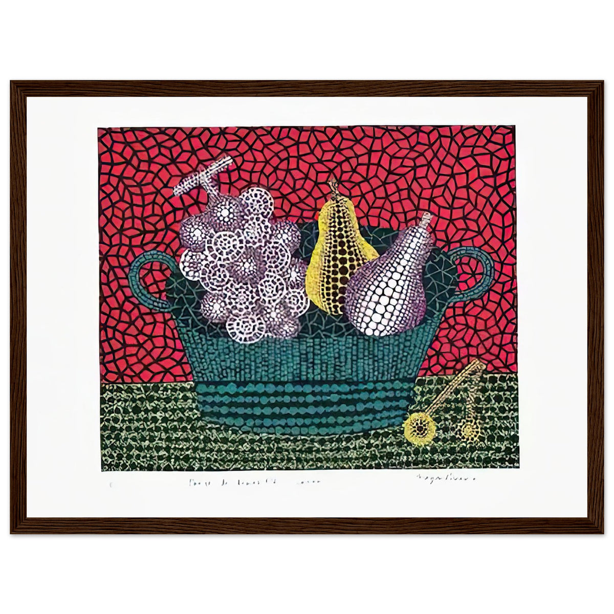 Yayoi Kusama framed print — Panier de Fruits I from Amour pour Toujours turns a basket of fruit into a lively decorative still life, dark wood frame, 30x40 cm / 12x16″