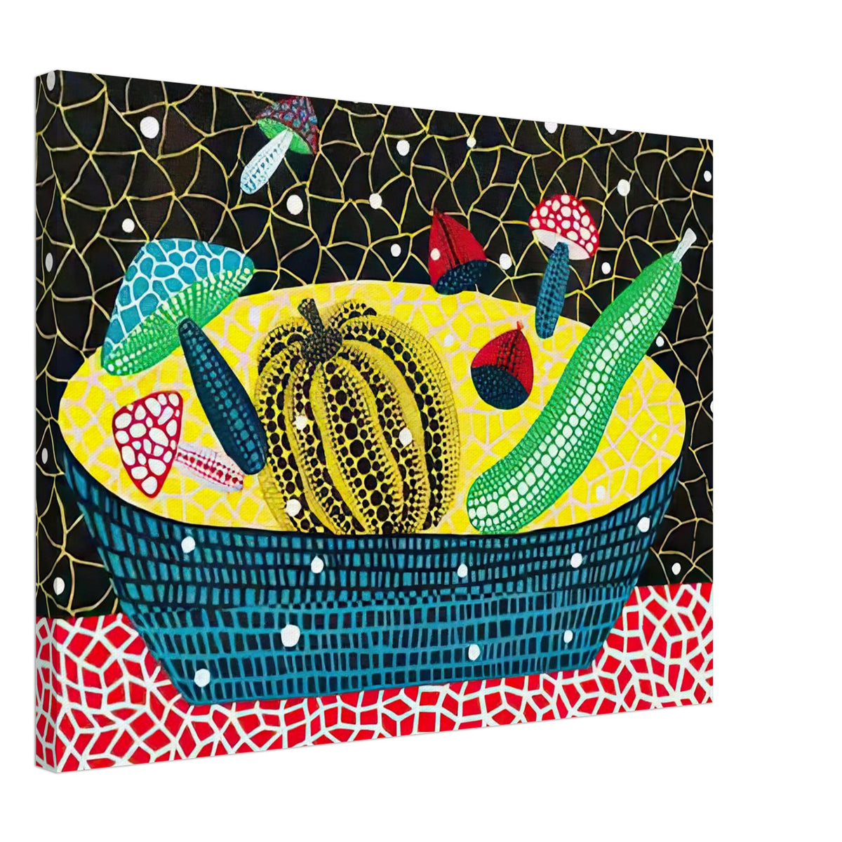 Yayoi Kusama canvas print — Fruits (2) turns an arrangement of fruit into a deliberately ornamental still life, 45x60 cm / 18x24″