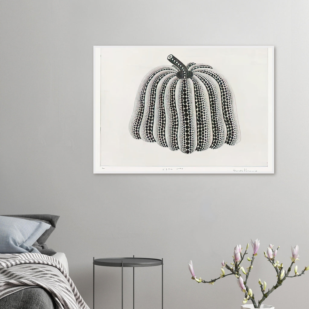 Yayoi Kusama framed print — Pumpkin [Kusama 201] revisits Kusama’s best-known vegetable through the relationship between its distinctive form and repeating ornament