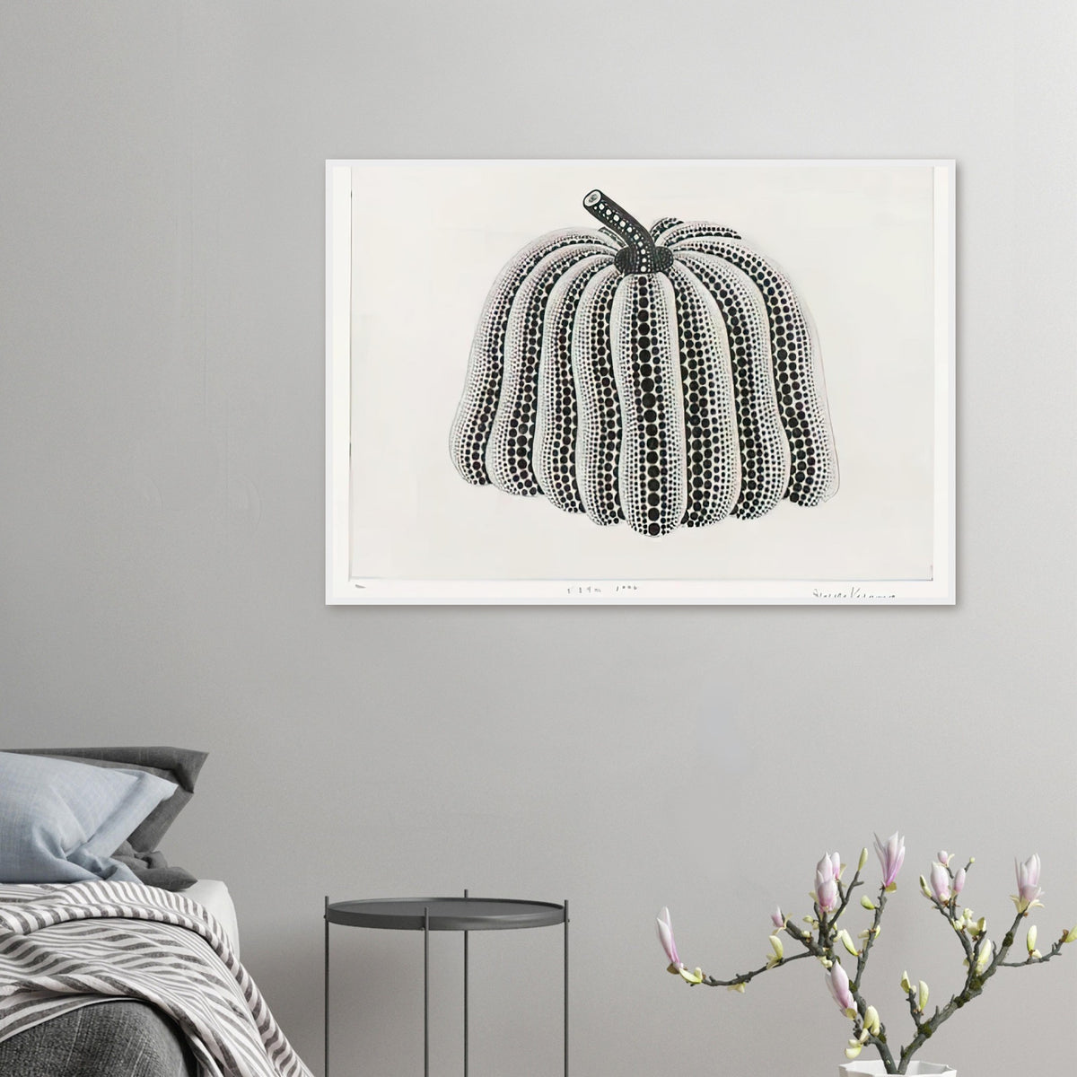 Yayoi Kusama framed print — Pumpkin [Kusama 201] revisits Kusama’s best-known vegetable through the relationship between its distinctive form and repeating ornament