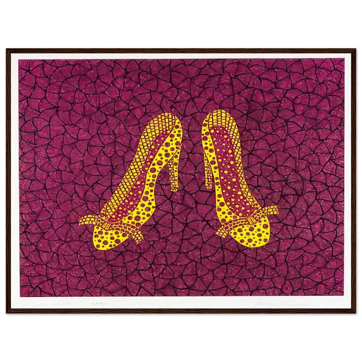 Yayoi Kusama framed print — High Heels (2) makes a fashion accessory the protagonist of a Kusama print, dark wood frame, 60x80 cm / 24x32″