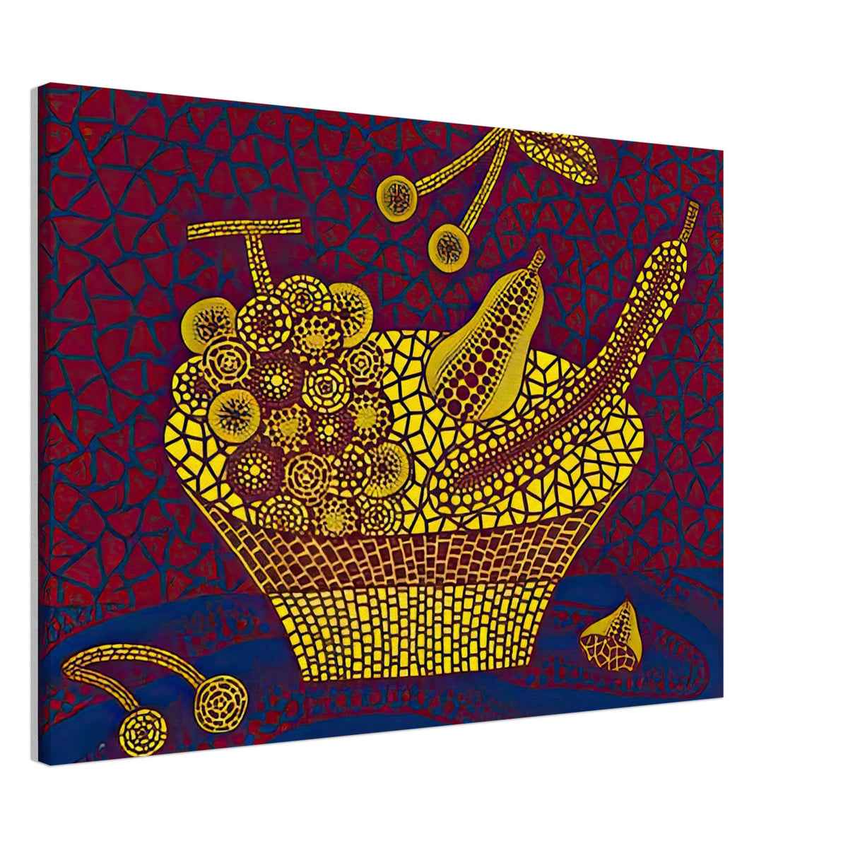 Yayoi Kusama canvas print — Fruit Basket (2) by Yayoi Kusama explores one of the artist’s recurring subjects: the abundance of ordinary fruit, 50x70 cm / 20x28″