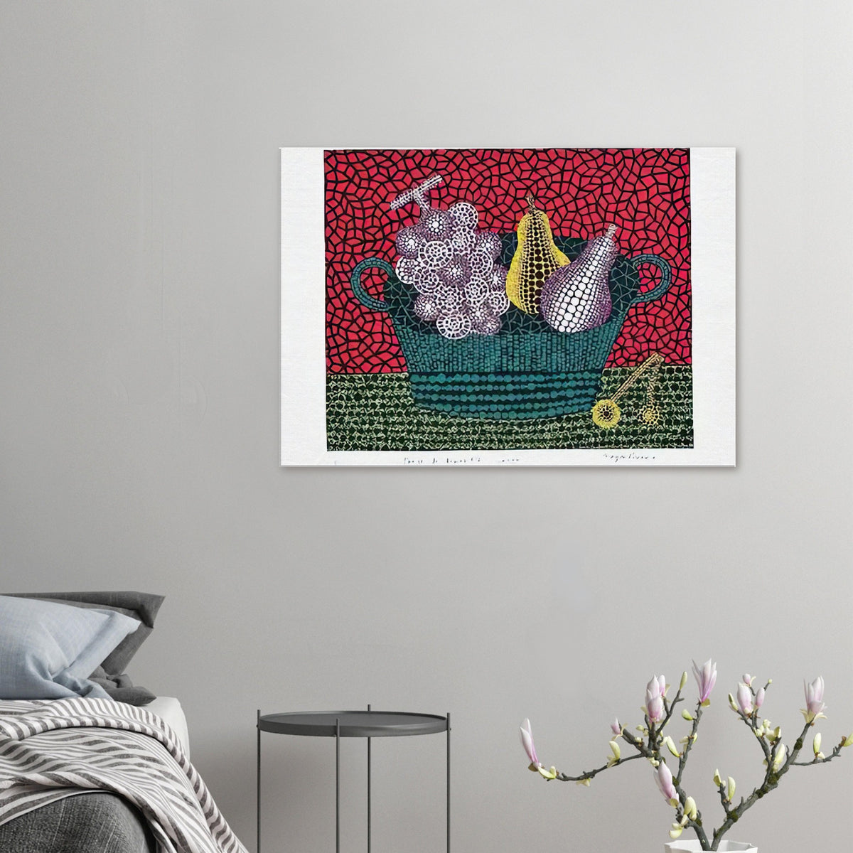 Yayoi Kusama canvas print — Panier de Fruits I from Amour pour Toujours turns a basket of fruit into a lively decorative still life