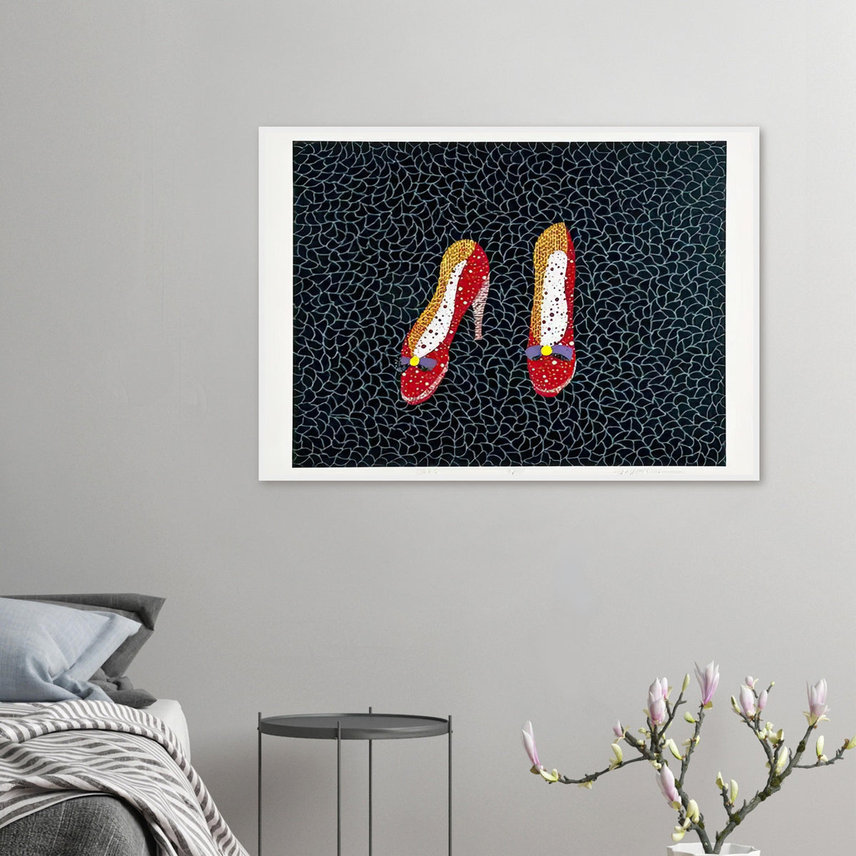 Yayoi Kusama framed print — Shoes (2) turns a footwear object into an image about shape, balance and individuality