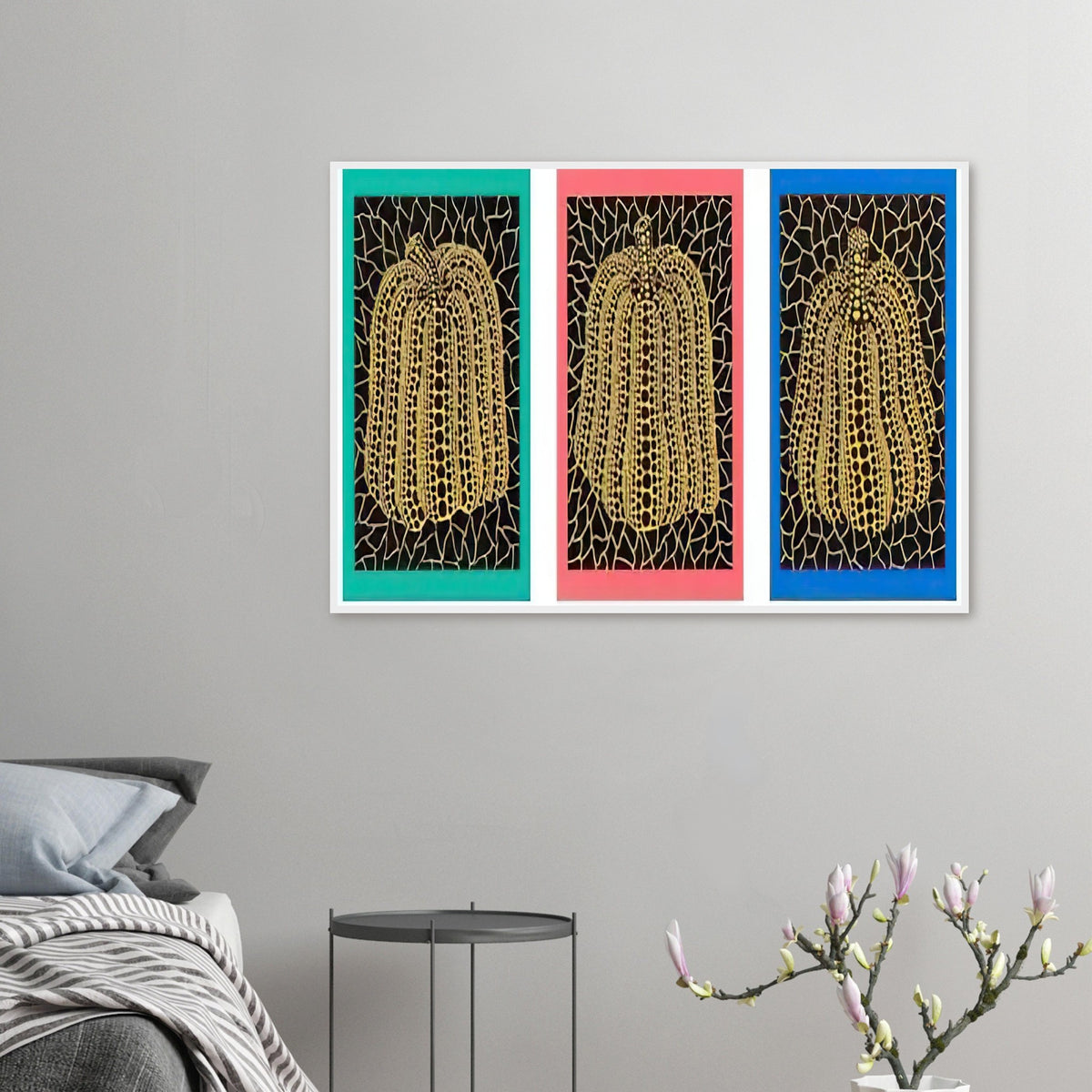 Yayoi Kusama framed print — Pumpkins [Kusama 146] shifts the emphasis from a single gourd to a plural subject