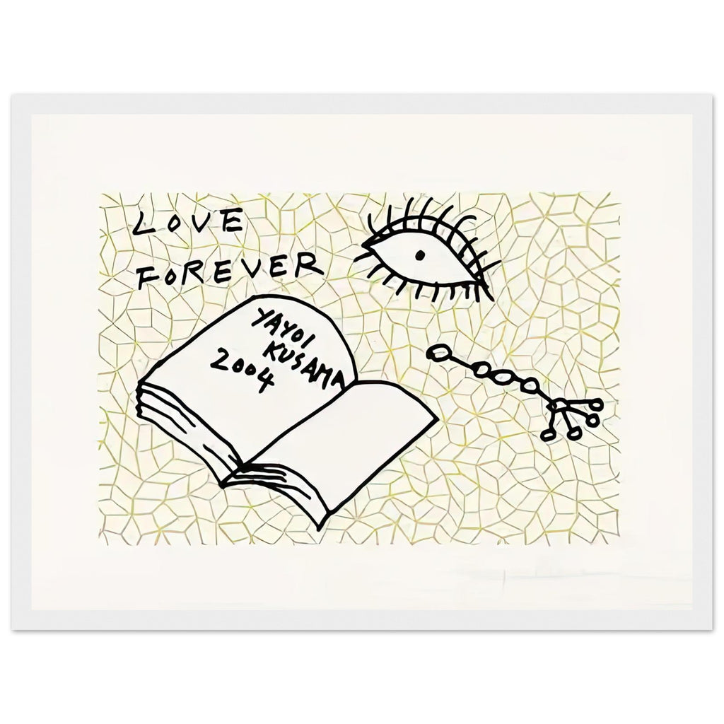Yayoi Kusama framed print — Book to Read at Night A places an illustrated book at the center of a strange, poetic visual world, white frame, 30x40 cm / 12x16″