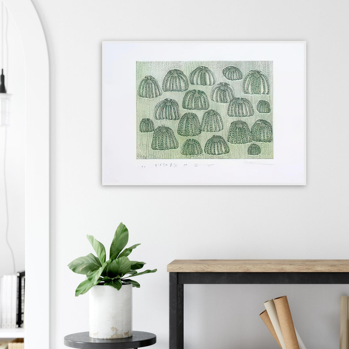 Yayoi Kusama framed print — Pumpkin Army (green) turns a single familiar vegetable into a collective presence