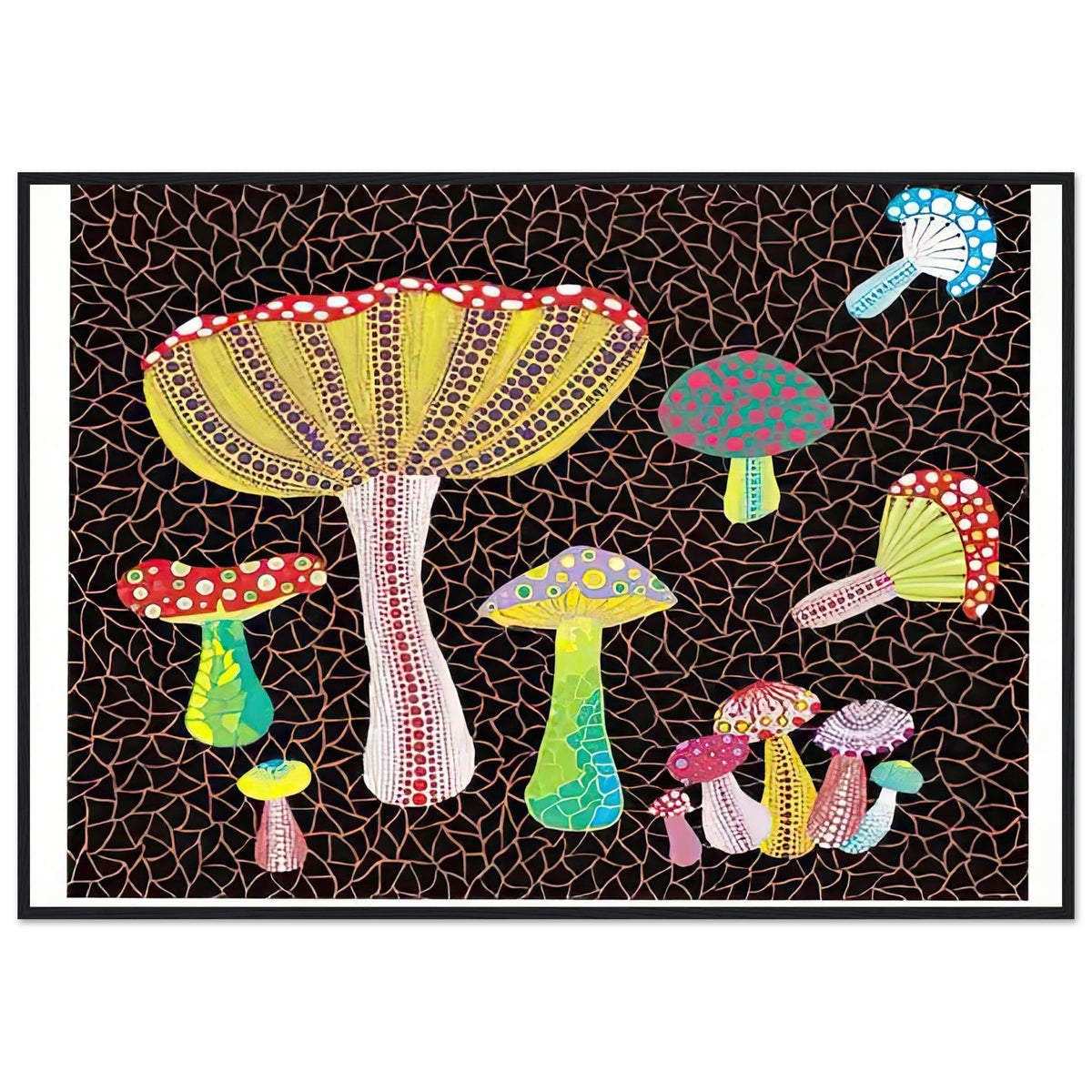 Yayoi Kusama framed print — Toadstools explores the eccentric shapes of woodland fungi, balancing rounded caps and slender supports, black frame, 70x100 cm / 28x40″