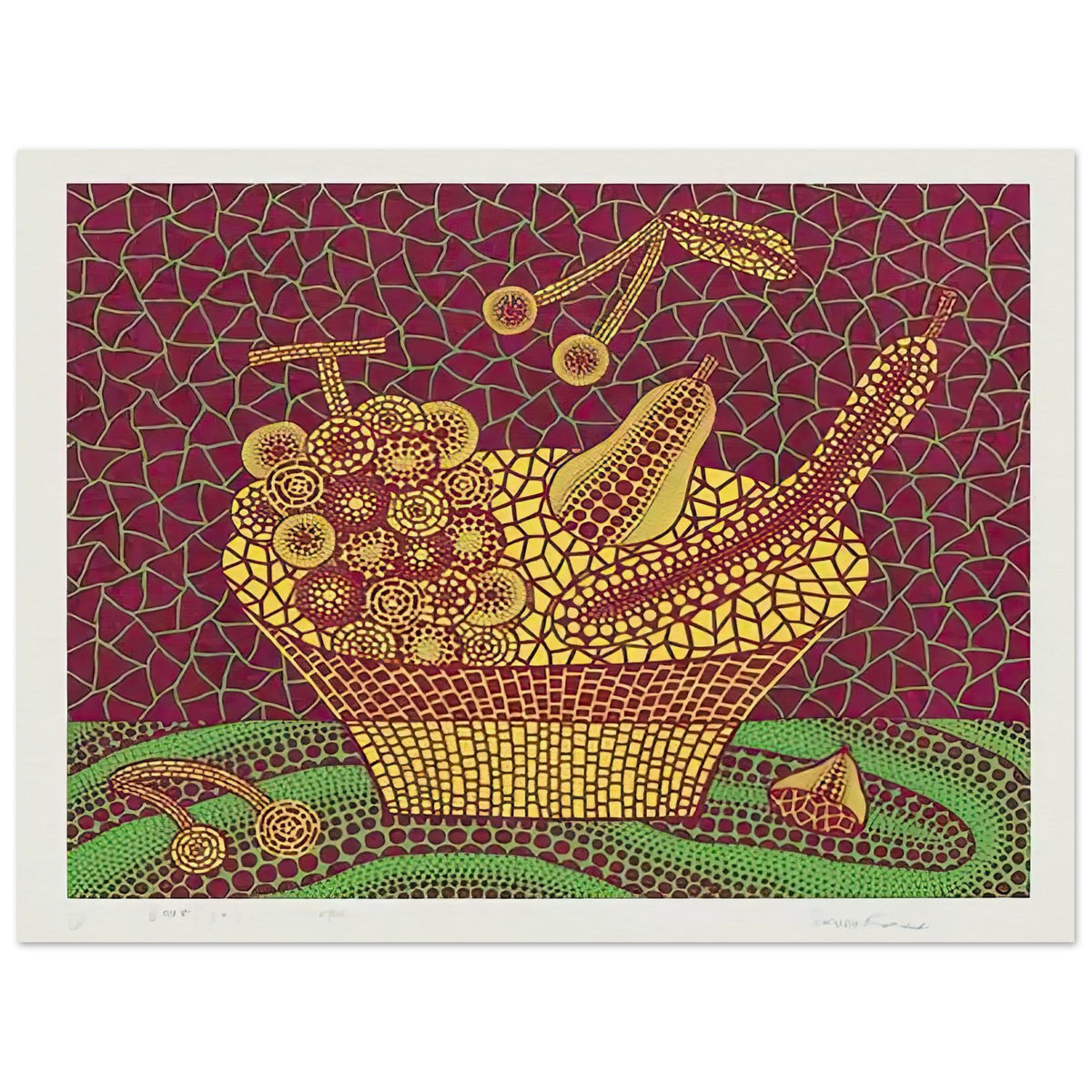 Yayoi Kusama poster — Fruit Basket (3) by Yayoi Kusama explores one of the artist’s recurring subjects: the abundance of ordinary fruit, 75x100 cm / 30x40″