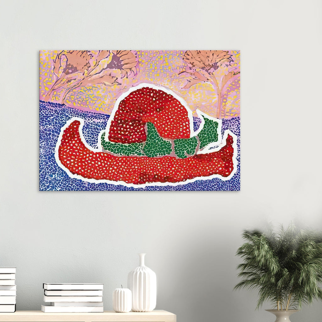 Yayoi Kusama canvas print — Hat Left Behind in the Field turns an unattended accessory into a scene with an implied human presence