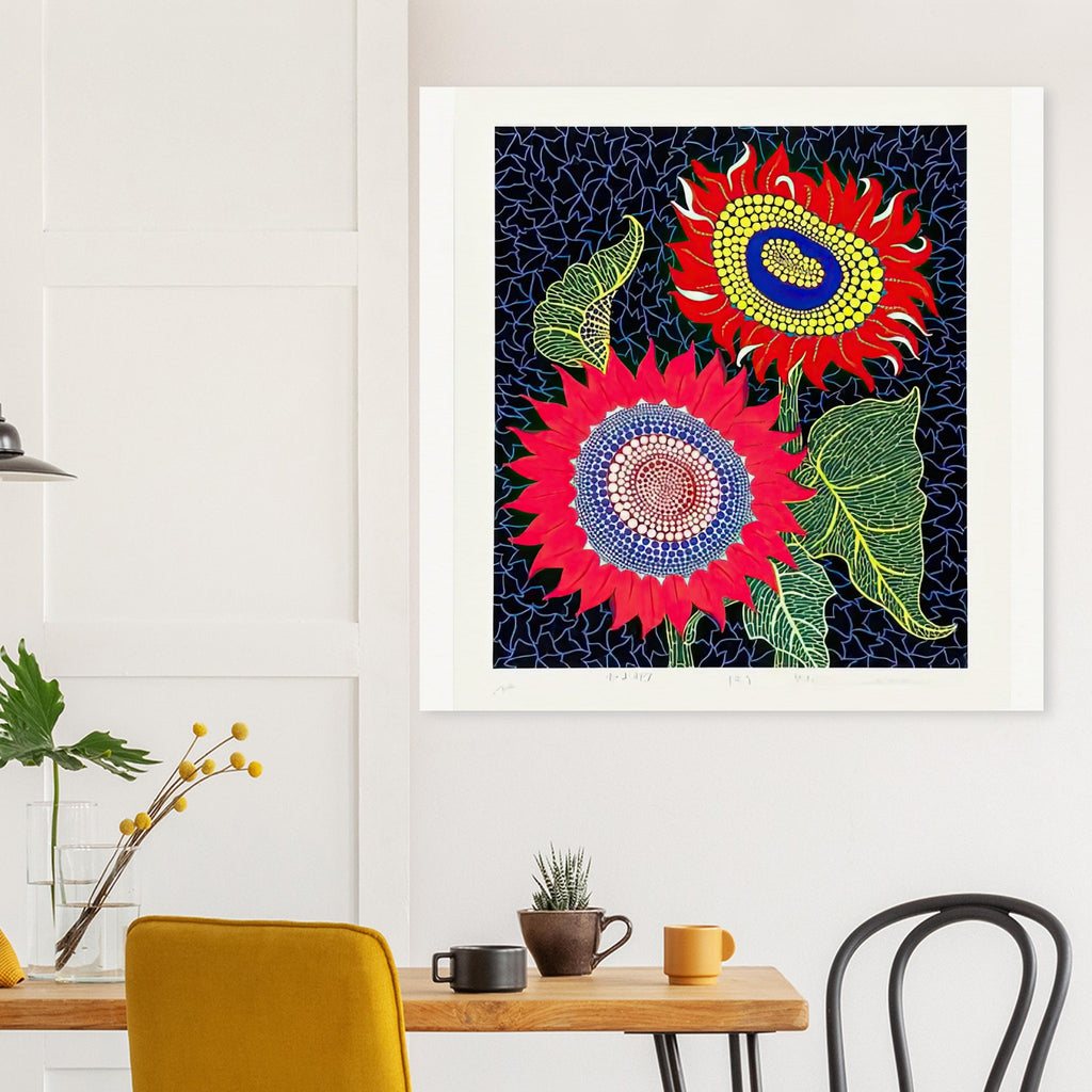 Yayoi Kusama poster — Sunflowers poster by Yayoi Kusama explores sunflowers transformed into a decorative and expressive floral motif