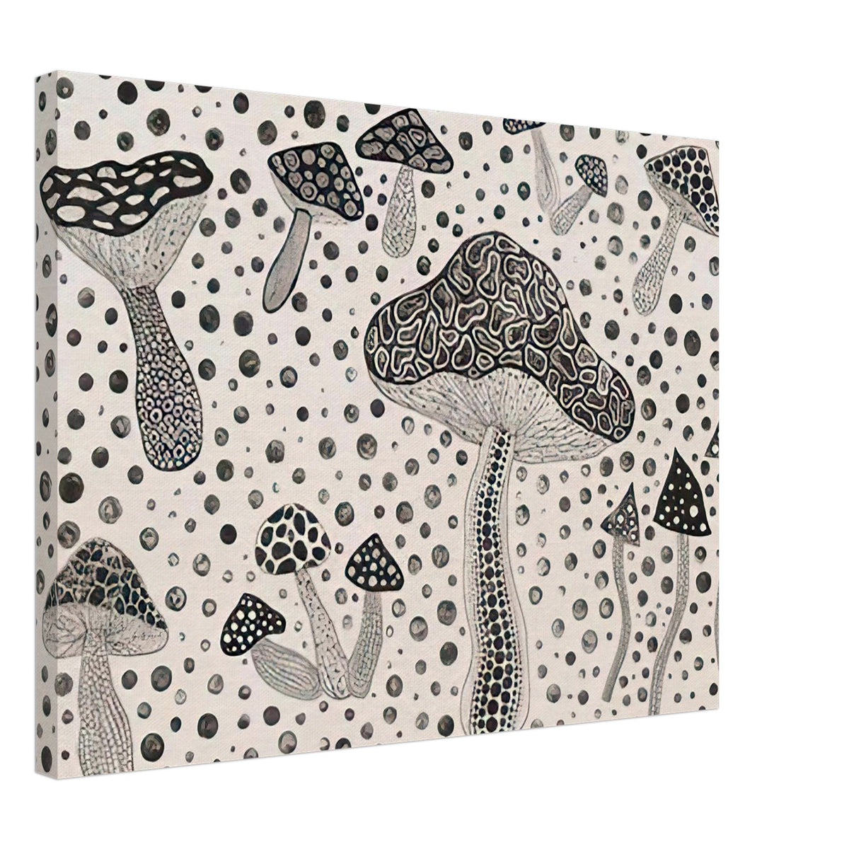 Yayoi Kusama canvas print — Mushrooms brings a humble woodland organism into Kusama’s world of organic growth and proliferating forms, 45x60 cm / 18x24″