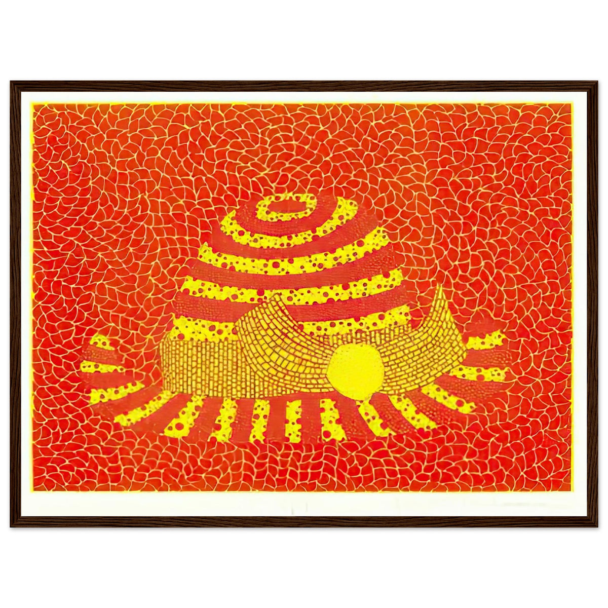Yayoi Kusama framed print — Hat (Orange) presents a familiar accessory as an exercise in changing color and graphic character, dark wood frame, 45x60 cm / 18x24″
