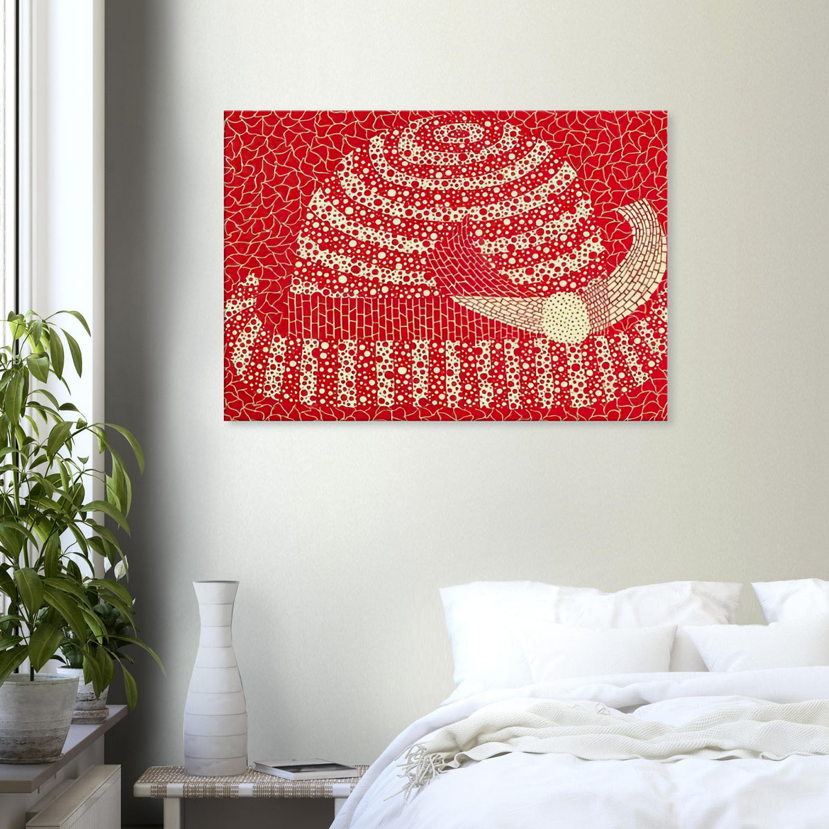 Yayoi Kusama canvas print — Hat (Red) presents a familiar accessory as an exercise in changing color and graphic character