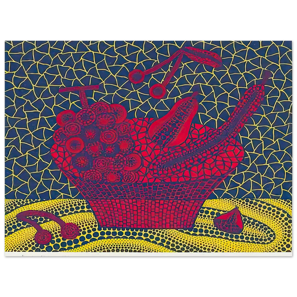 Yayoi Kusama poster — Fruit Basket (5) by Yayoi Kusama explores one of the artist’s recurring subjects: the abundance of ordinary fruit, 15x20 cm / 6x8″