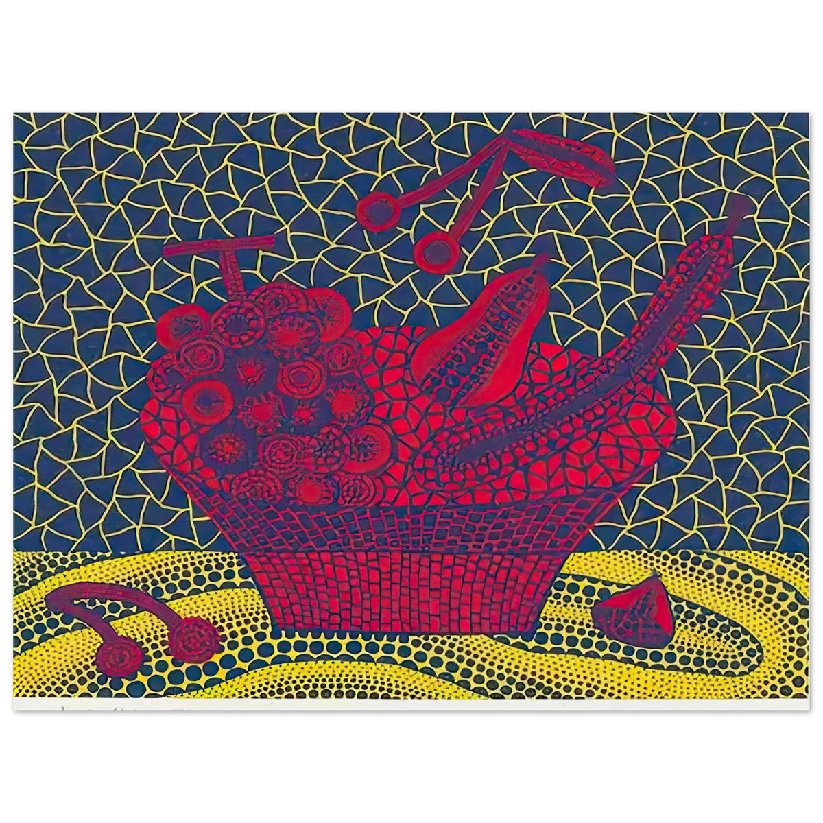 Yayoi Kusama poster — Fruit Basket (5) by Yayoi Kusama explores one of the artist’s recurring subjects: the abundance of ordinary fruit, 15x20 cm / 6x8″