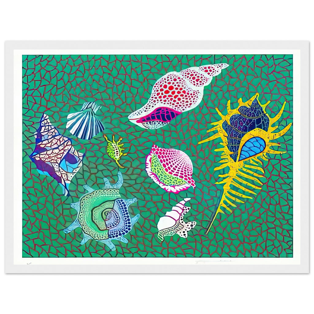 Yayoi Kusama framed print — Shells draws attention to small natural objects whose curved structures and repeating ridges are already pattern-like, white frame, 30x40 cm / 12x16″