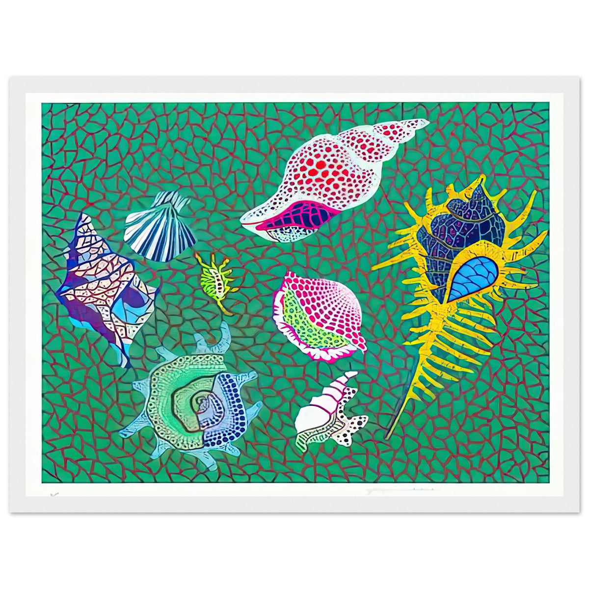 Yayoi Kusama framed print — Shells draws attention to small natural objects whose curved structures and repeating ridges are already pattern-like, white frame, 30x40 cm / 12x16″