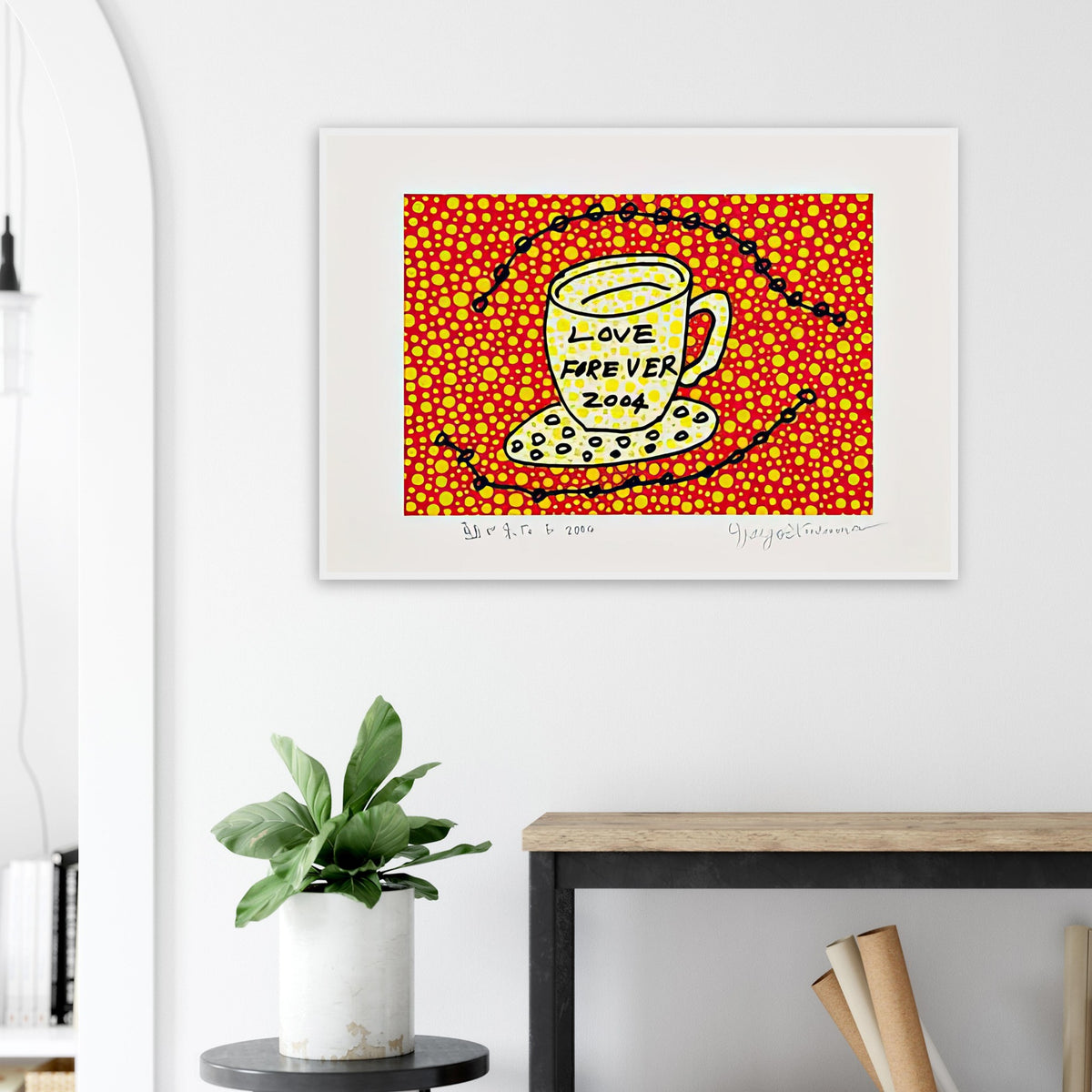 Yayoi Kusama framed print — Morning Is Here (E) joins a series of compact 2004 prints in which the beginning of the day becomes a subject for personal symbols and tightly controlled graphic
