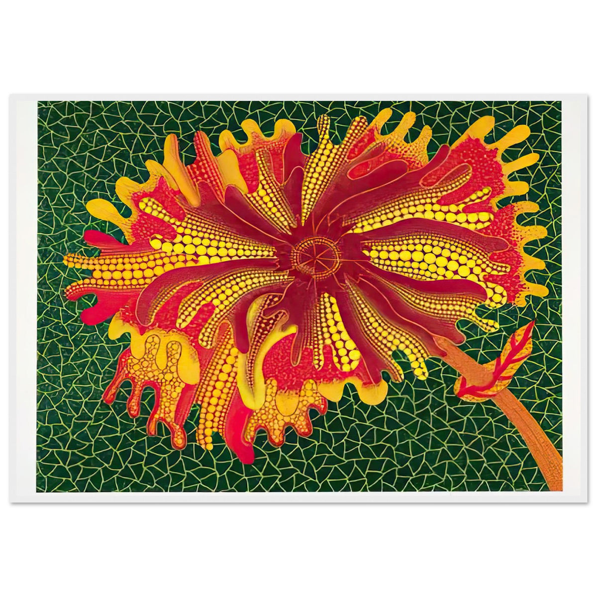 Yayoi Kusama framed print — Flower (A) treats a single flowering motif as a complete visual world, white frame, 70x100 cm / 28x40″