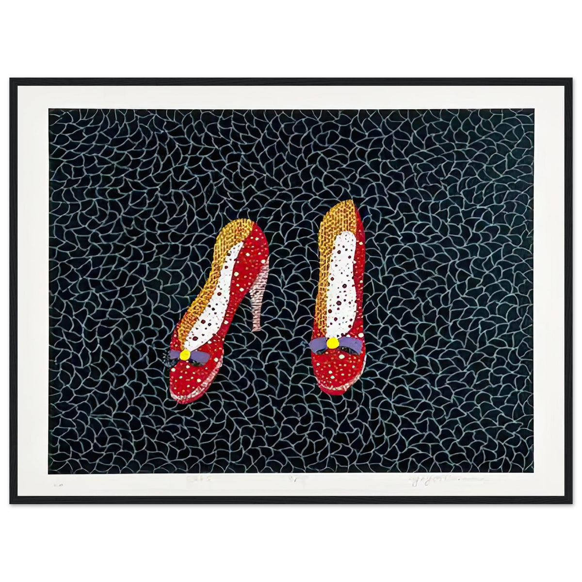 Yayoi Kusama framed print — Shoes (2) turns a footwear object into an image about shape, balance and individuality, black frame, 60x80 cm / 24x32″