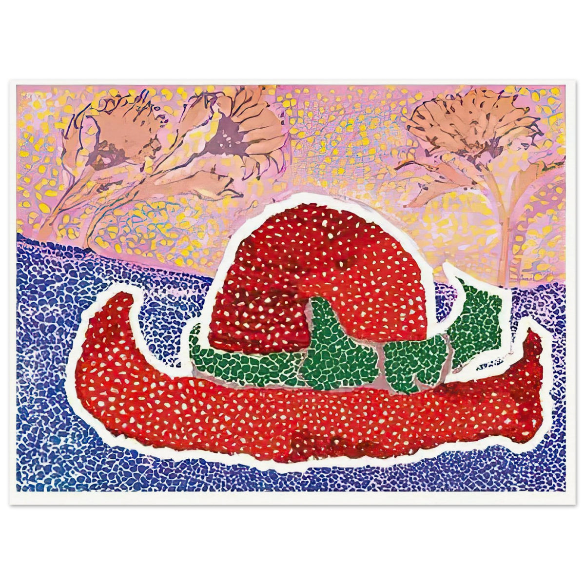 Yayoi Kusama poster — Hat Left Behind in the Field turns an unattended accessory into a scene with an implied human presence, 15x20 cm / 6x8″