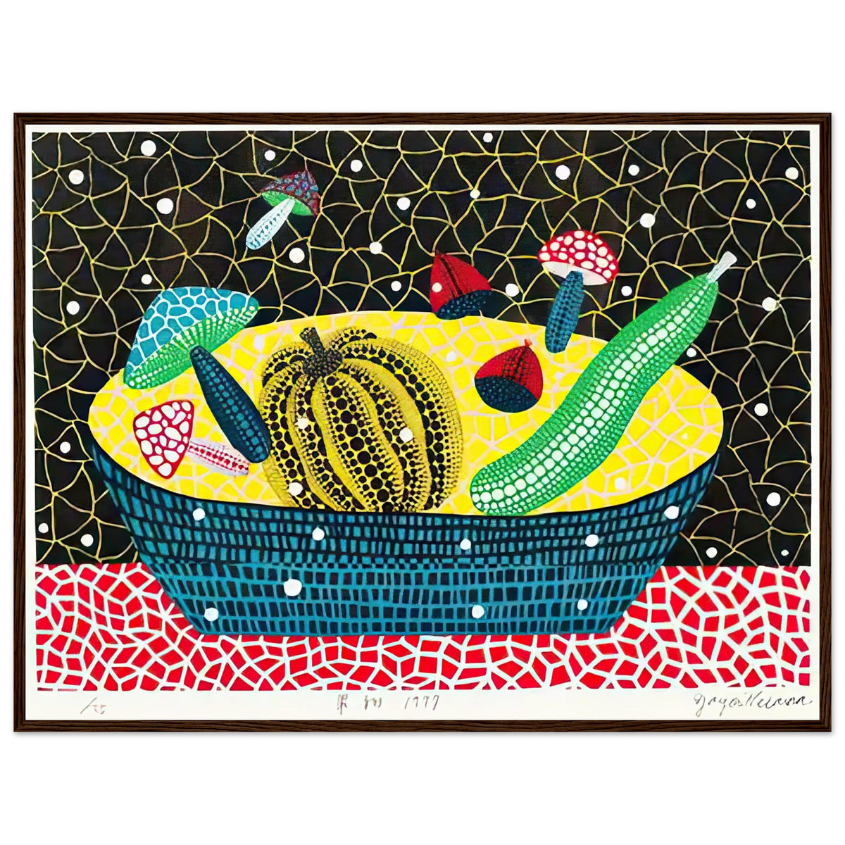 Yayoi Kusama framed print — Fruits (2) turns an arrangement of fruit into a deliberately ornamental still life, dark wood frame, 60x80 cm / 24x32″