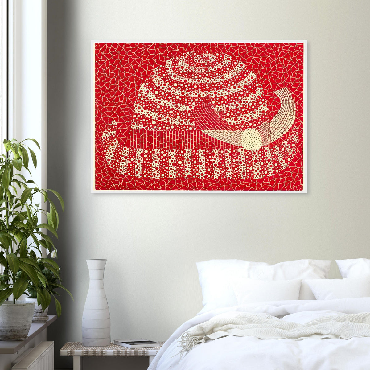 Yayoi Kusama framed print — Hat (Red) presents a familiar accessory as an exercise in changing color and graphic character