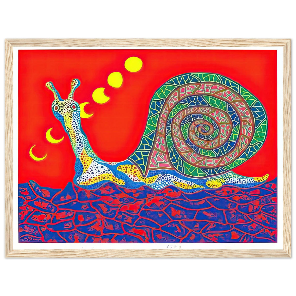 Yayoi Kusama framed print — Snail takes a slow-moving creature and makes its spiral shell and delicate movement the center of attention, wood frame, 30x40 cm / 12x16″
