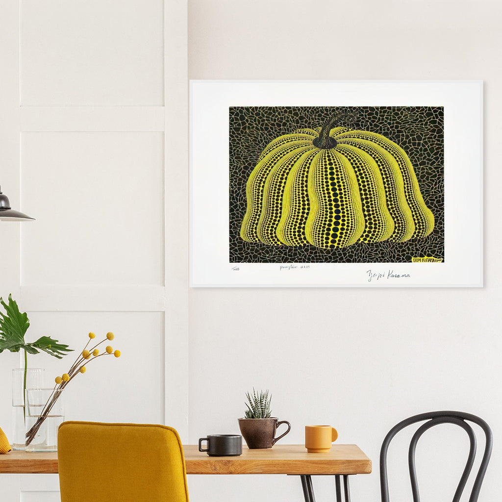 Yayoi Kusama framed print — Pumpkin 2000 (Yellow) uses a yellow treatment to reinterpret one of Kusama’s most affectionate subjects
