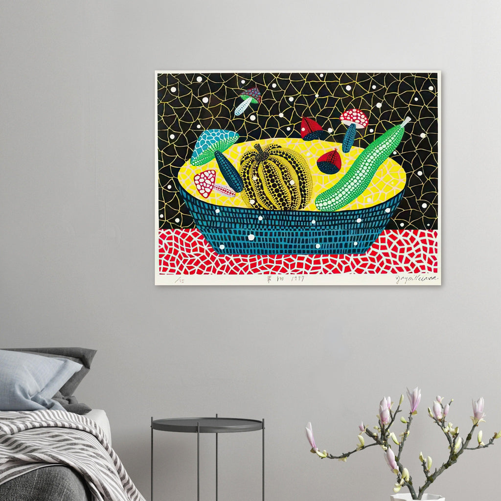 Yayoi Kusama poster — Fruits (2) turns an arrangement of fruit into a deliberately ornamental still life