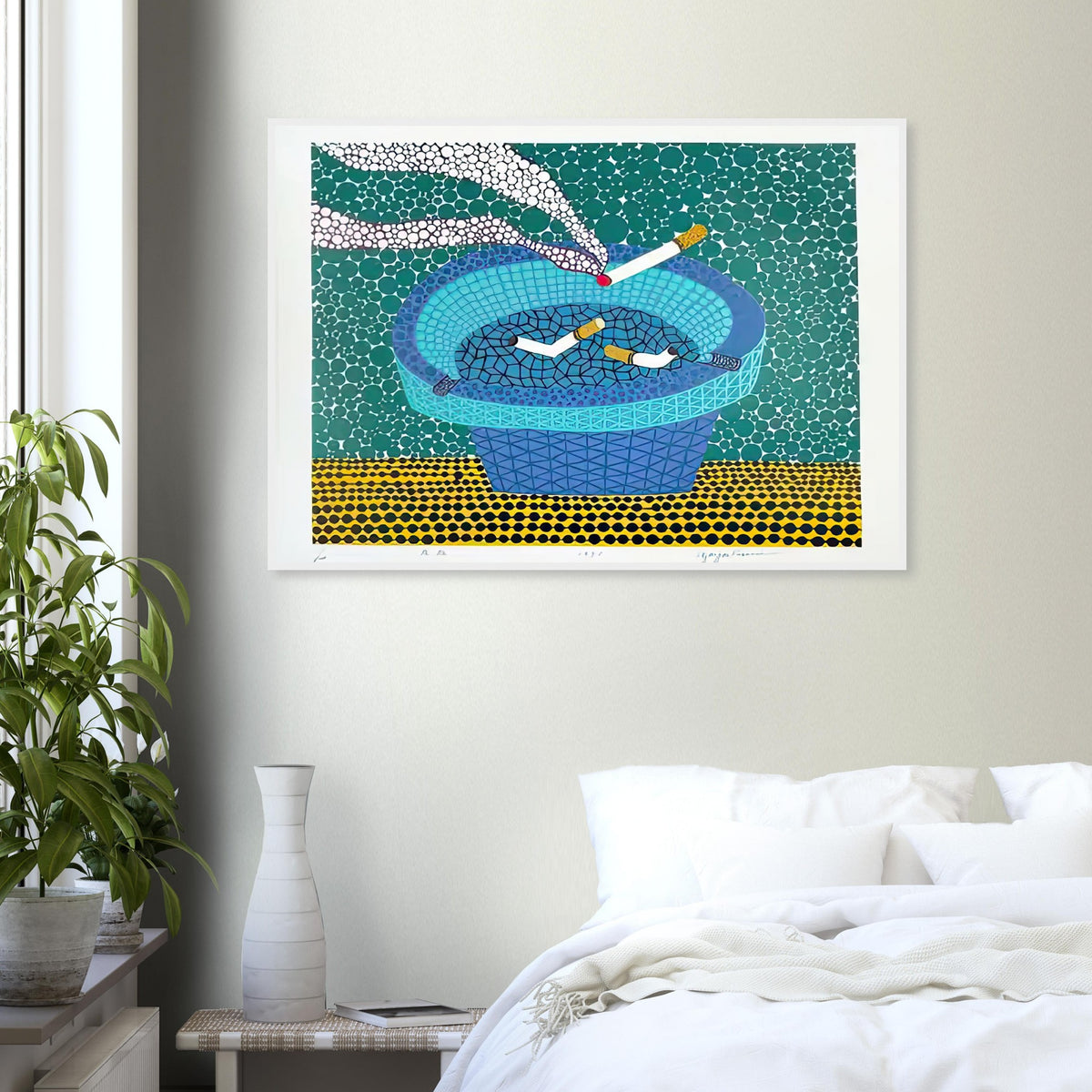 Yayoi Kusama framed print — Ashtray (2) returns to the everyday smoking accessory but distinguishes this image as a second listed treatment of the motif