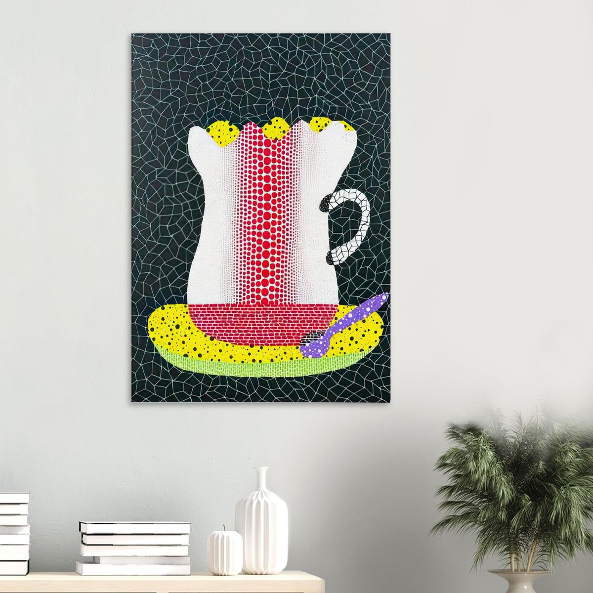 Yayoi Kusama canvas print — A single coffee cup becomes an unlikely protagonist in this composition