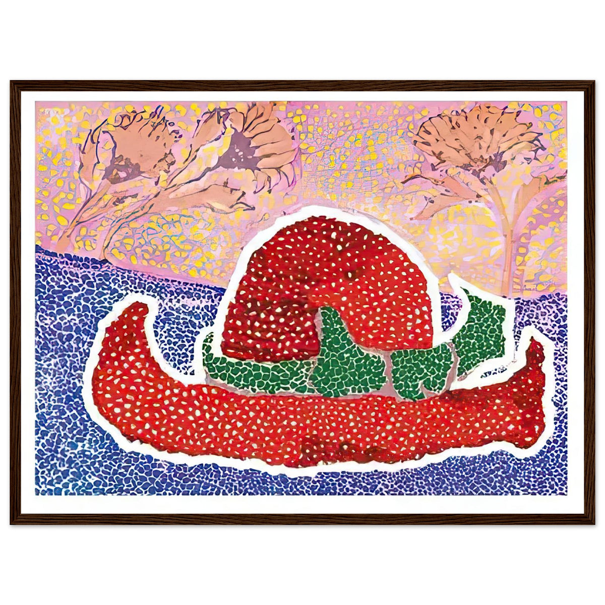 Yayoi Kusama framed print — Hat Left Behind in the Field turns an unattended accessory into a scene with an implied human presence, dark wood frame, 45x60 cm / 18x24″