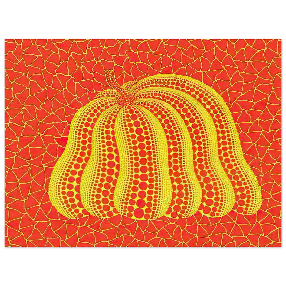 Yayoi Kusama poster — Pumpkin (YOR-A) [Kusama 326] revisits Kusama’s best-known vegetable through the relationship between its distinctive form and repeating ornament, 15x20 cm / 6x8″
