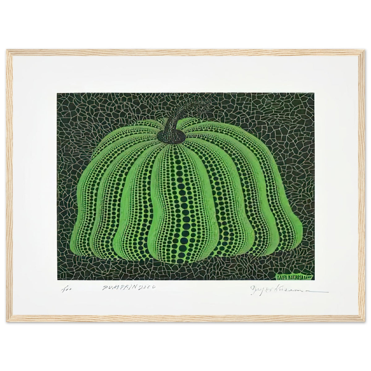 Yayoi Kusama framed print — Pumpkin 2000 (Green) uses a green treatment to reinterpret one of Kusama’s most affectionate subjects