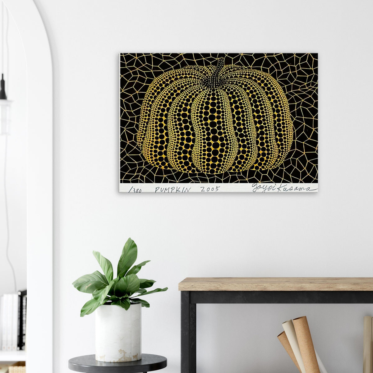 Yayoi Kusama canvas print — Pumpkin places the rounded gourd at the center of Kusama’s visual imagination, treating a humble vegetable as an individual character