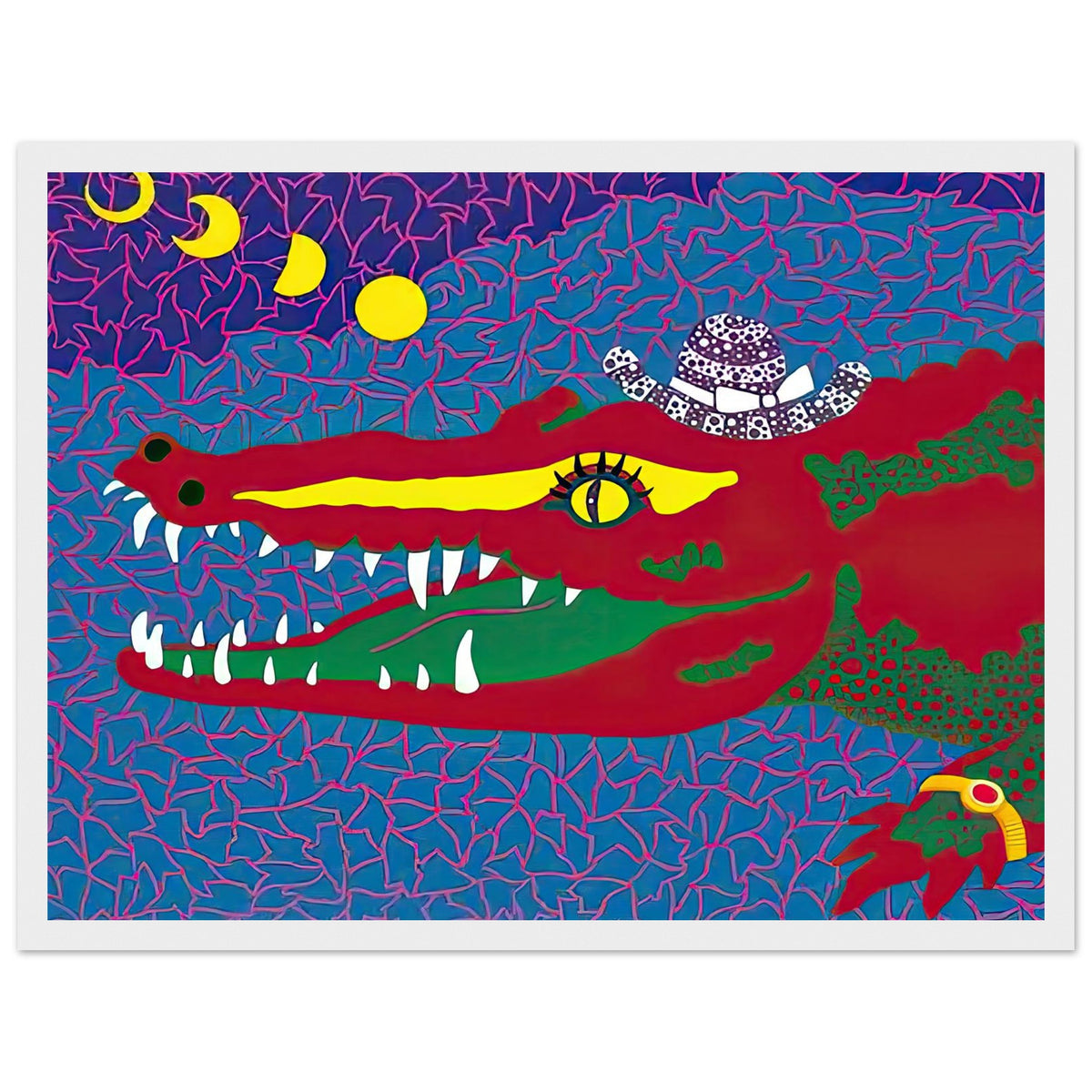 Yayoi Kusama framed print — Lunar Eclipse draws on a celestial event in which one form interrupts another, creating an image of concealment and change, white frame, 30x40 cm / 12x16″