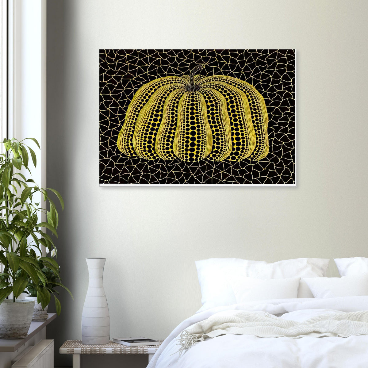 Yayoi Kusama canvas print — Pumpkin (YB-B) [Kusama 327] revisits Kusama’s best-known vegetable through the relationship between its distinctive form and repeating ornament