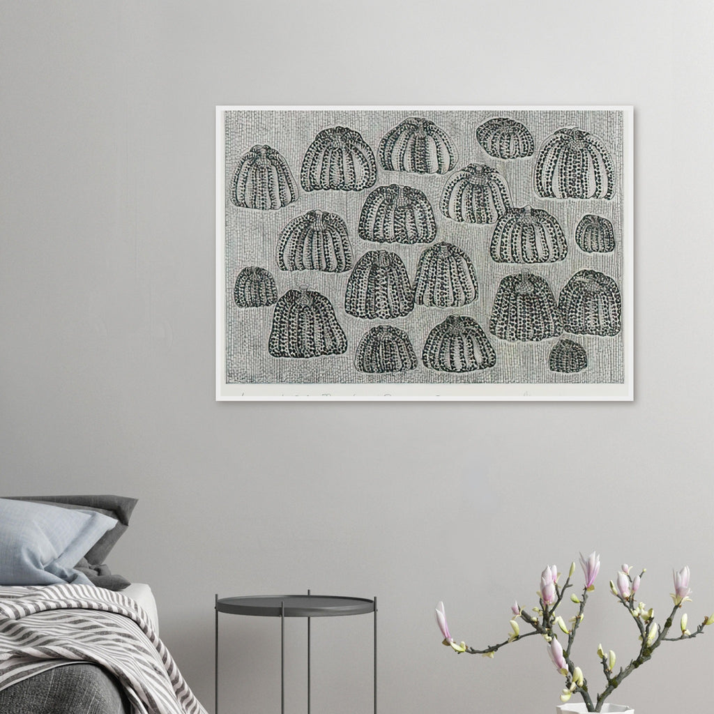 Yayoi Kusama framed print — Pumpkin Army (black and white) turns a single familiar vegetable into a collective presence