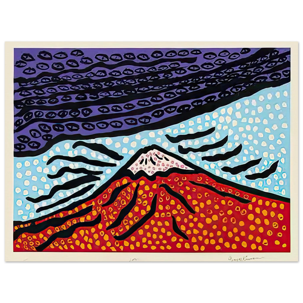 Yayoi Kusama poster — Mt. Fuji Is the Home of My Heart presents Japan’s most recognizable mountain as a subject of personal belonging rather than simple, 15x20 cm / 6x8″