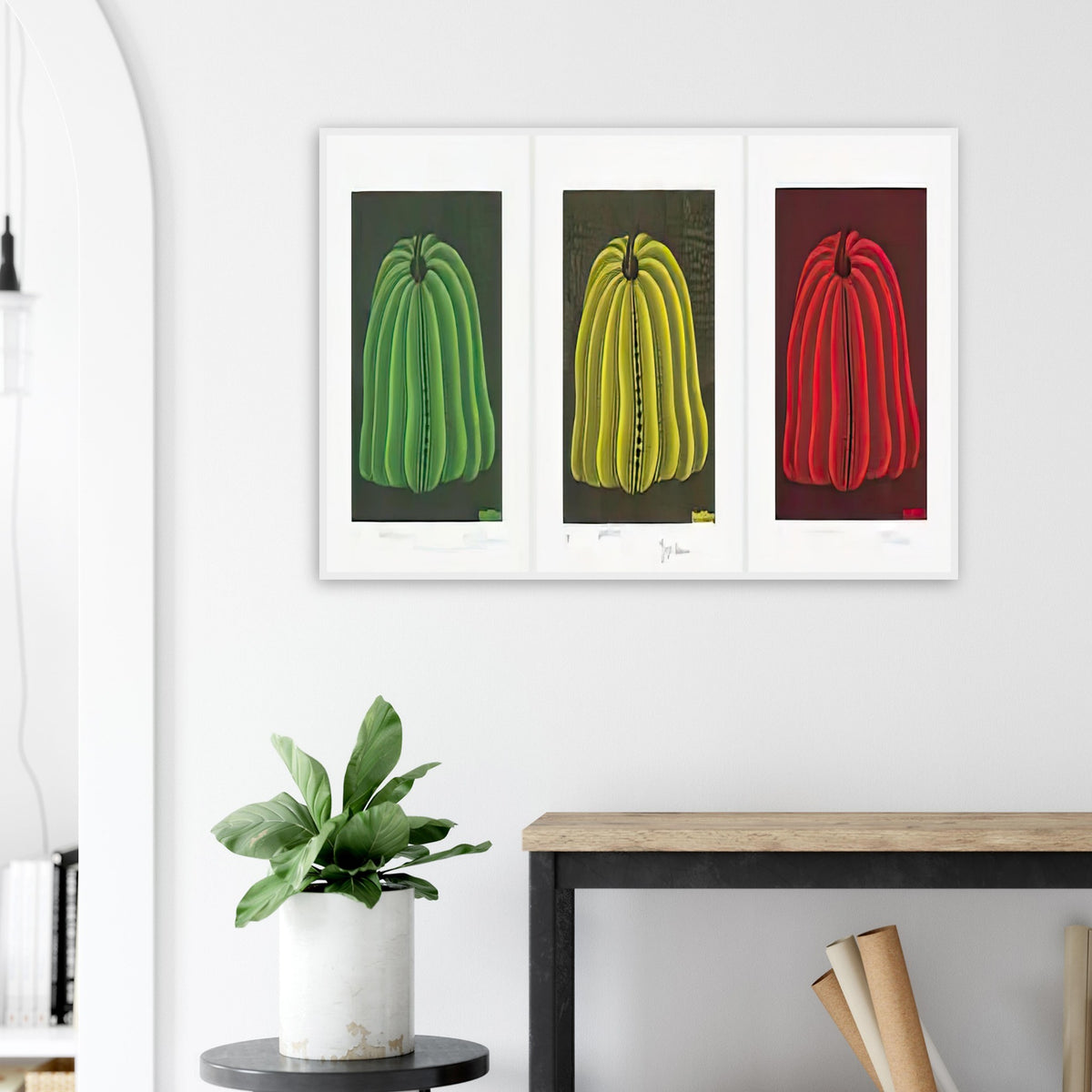 Yayoi Kusama framed print — Pumpkin 2000 (Set) uses a set treatment to reinterpret one of Kusama’s most affectionate subjects