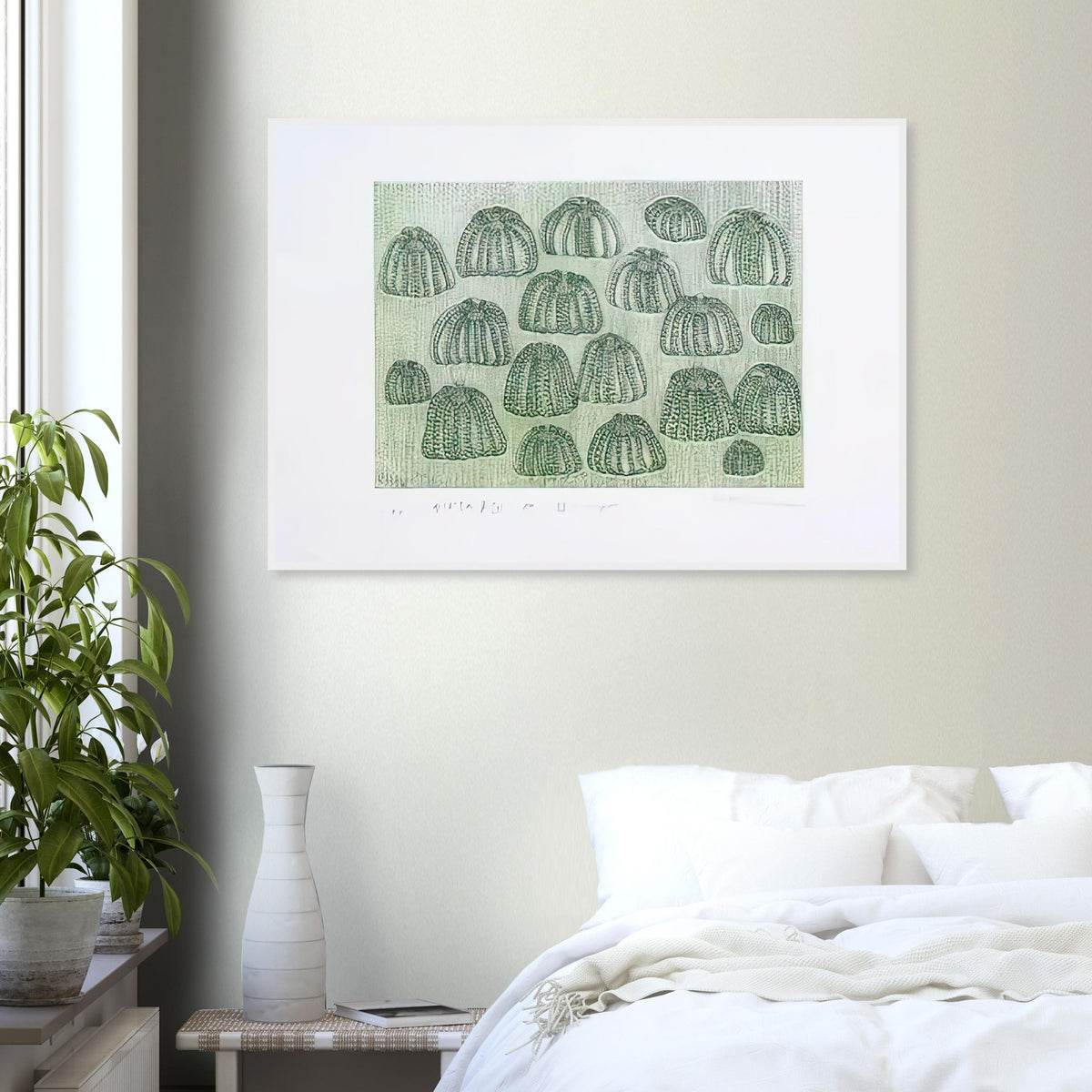 Yayoi Kusama framed print — Pumpkin Army (green) turns a single familiar vegetable into a collective presence
